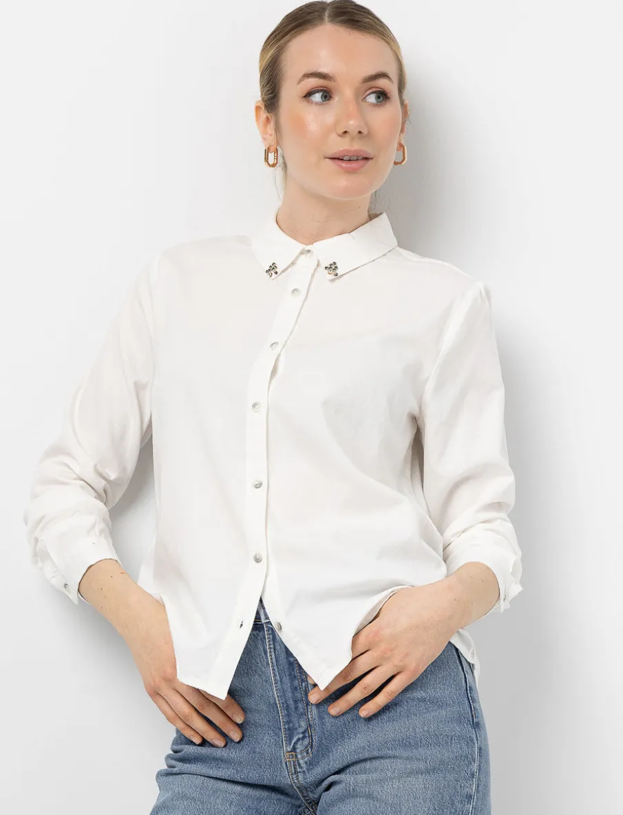 Button-up Shirt with Rhinestone Collar