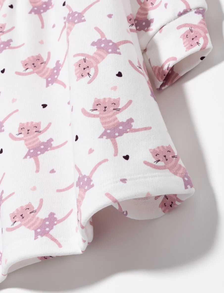 Cat Print Cinched Waist Dress - Little Girl