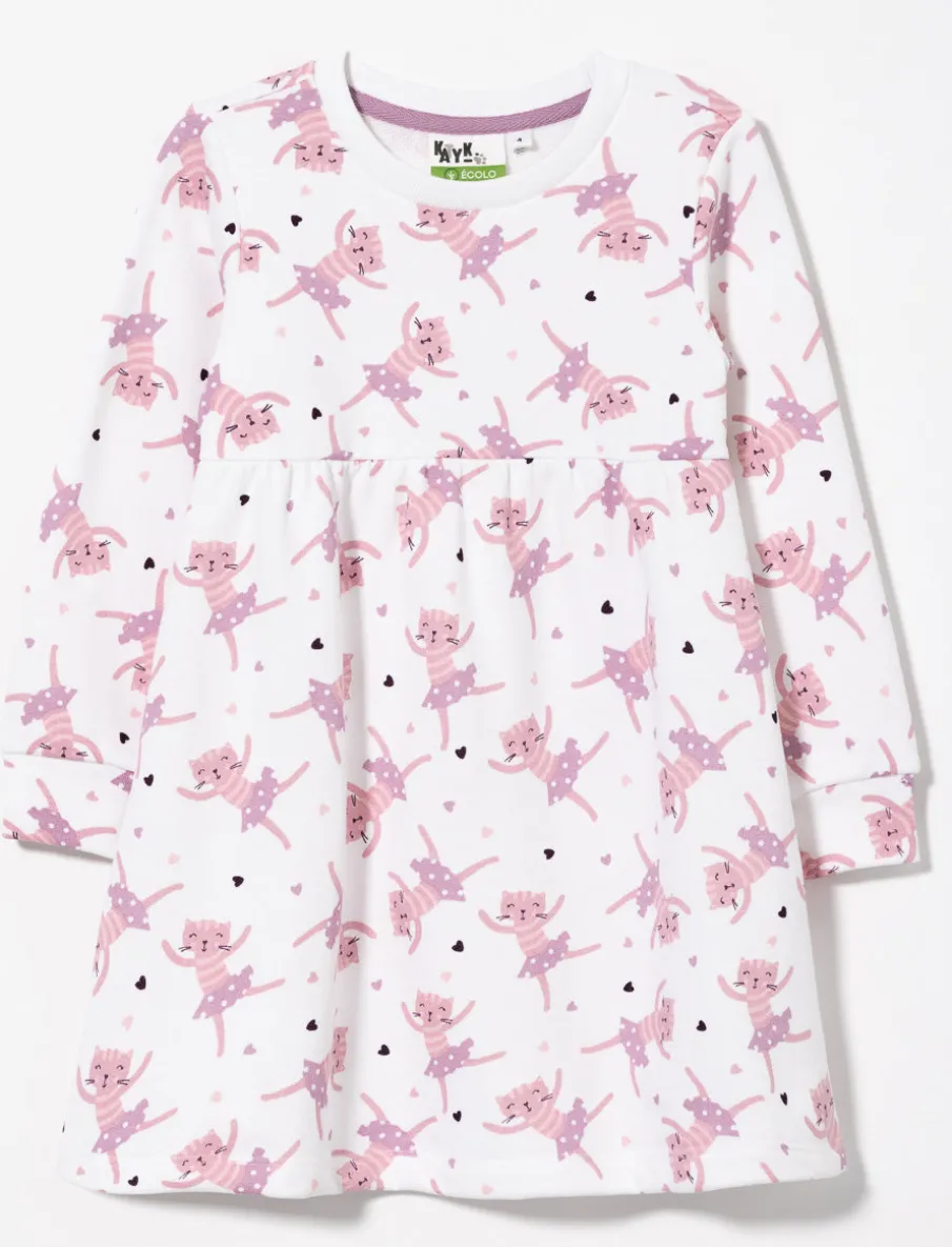 Cat Print Cinched Waist Dress - Little Girl