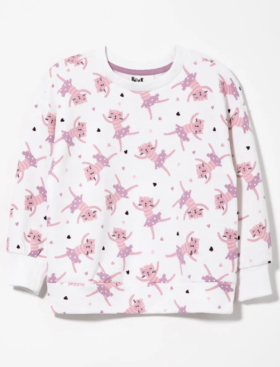 Cat Print Fleece Sweatshirt - Little Girl