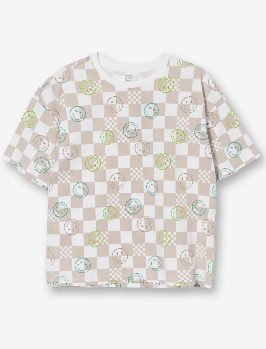 Checkered Smiley Print T-Shirt