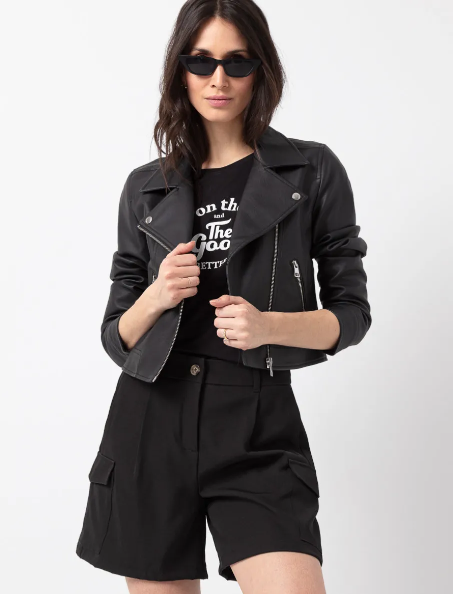Cropped Faux Leather Jacket with Zip Closure