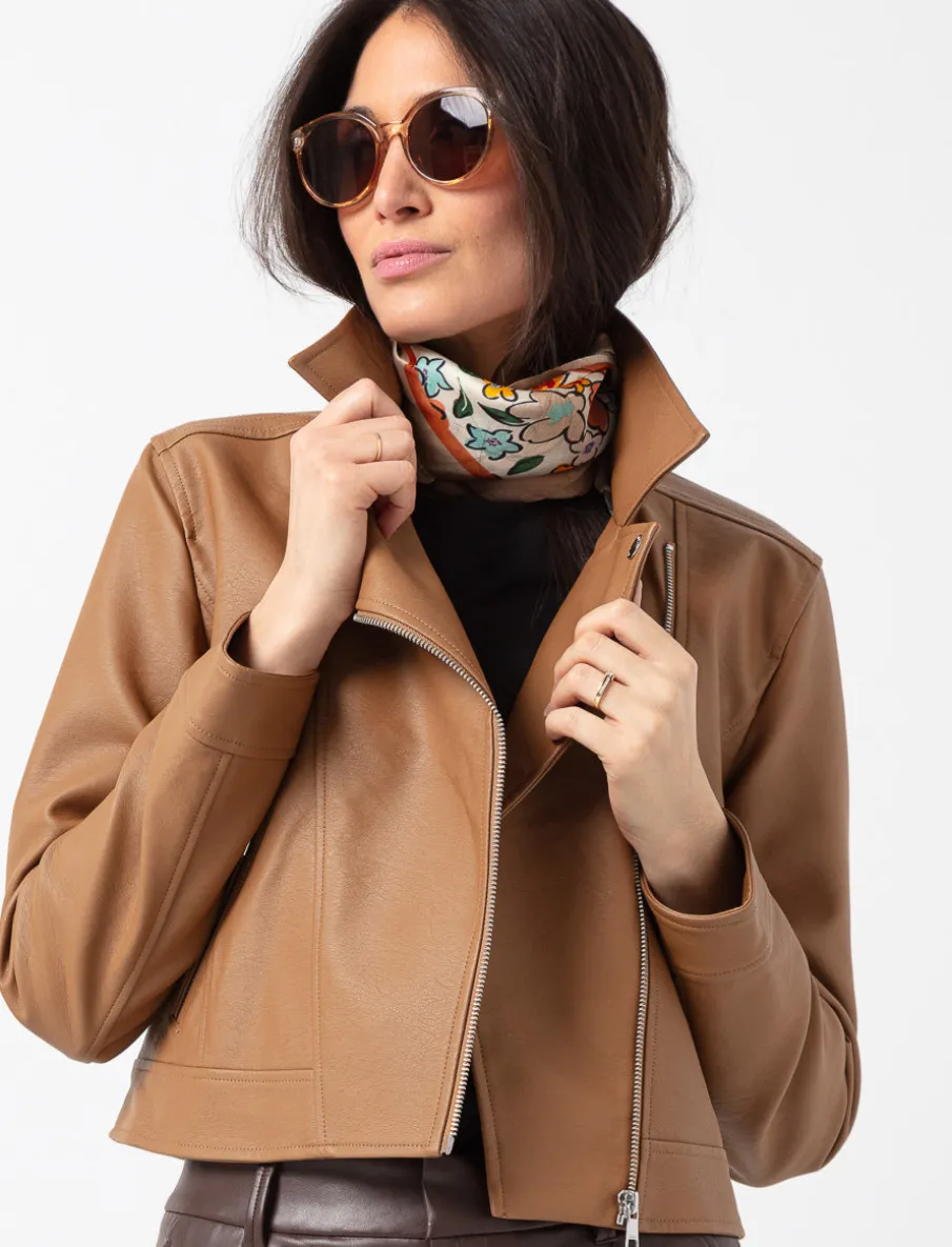Cropped Faux Leather Jacket with Zip Closure