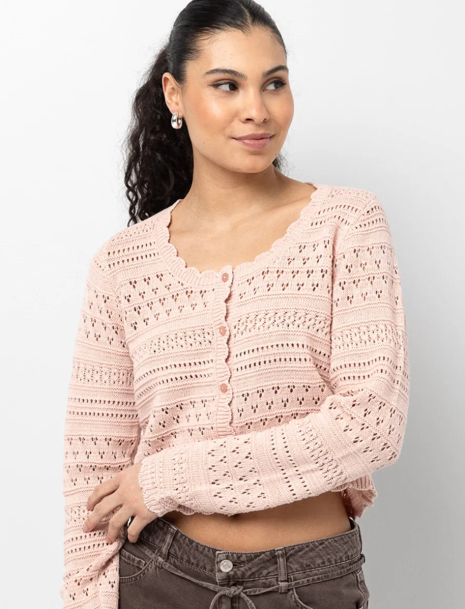 Cropped Knit Cardigan with Scalloped Trim