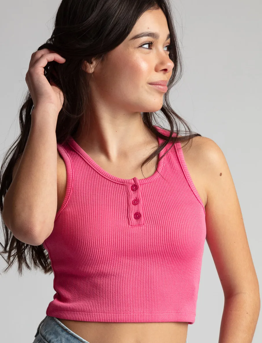 Cropped Rib-knit Tank Top with Buttons