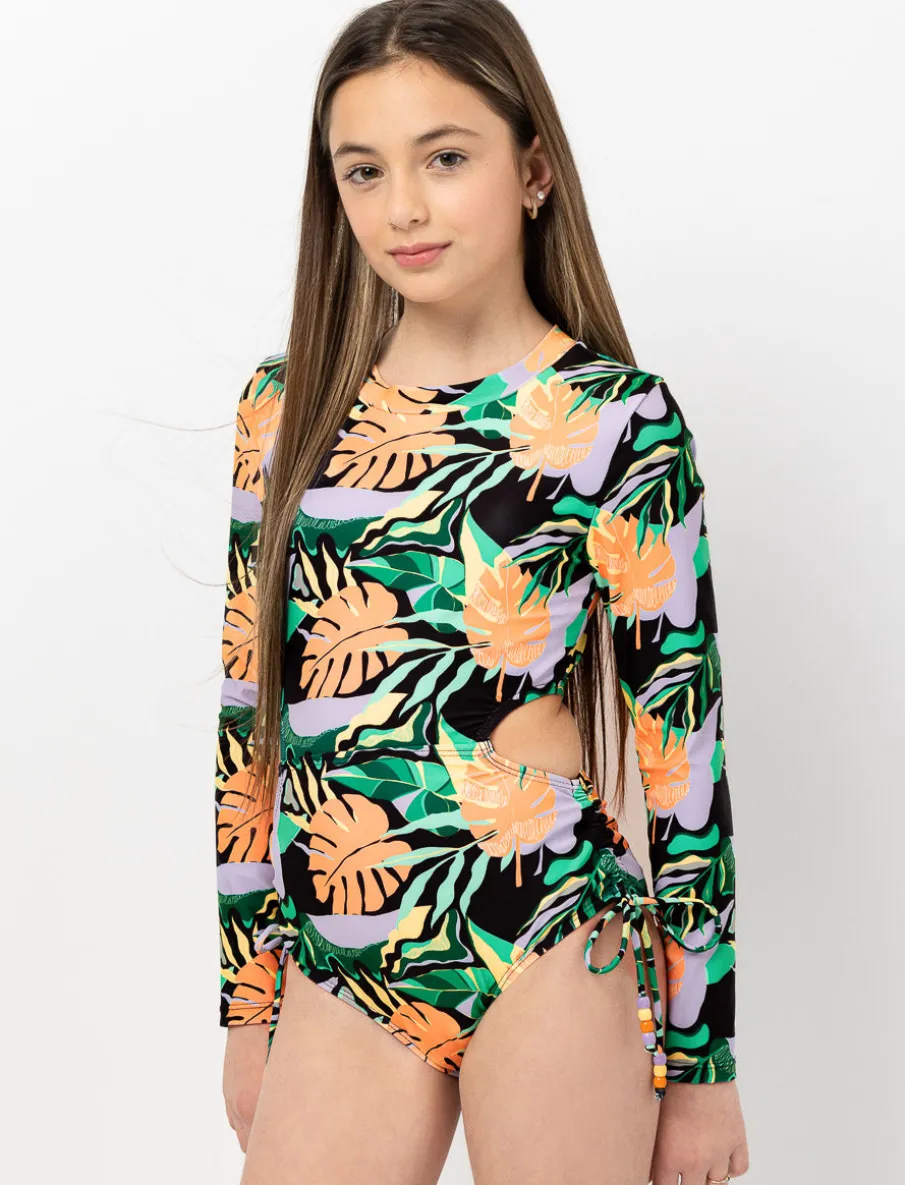 Cutout 1-piece Rash Guard Swimsuit