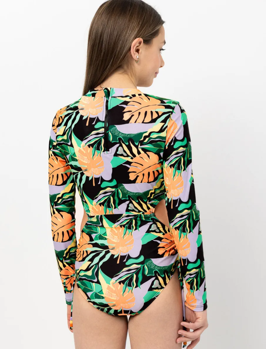 Cutout 1-piece Rash Guard Swimsuit