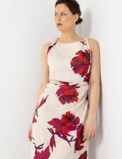 Floral Satin Dress with Gathered Waist