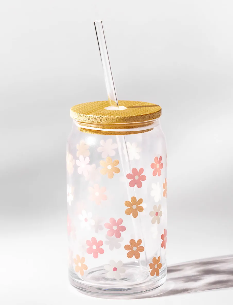 Floral Straw Glass with Lid