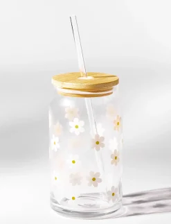 Floral Straw Glass with Lid
