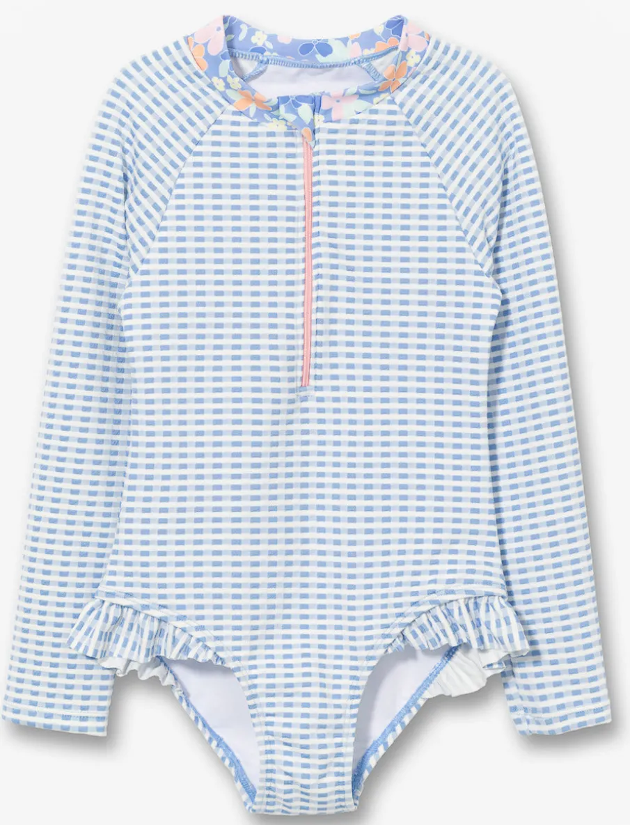 Gingham 1-piece Rash Guard Swimsuit - Little Girl