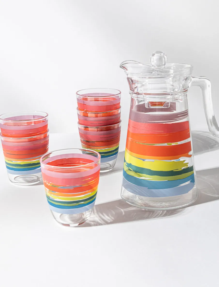 Glass Pitcher and 6 Coloured Stripe Glasses Set