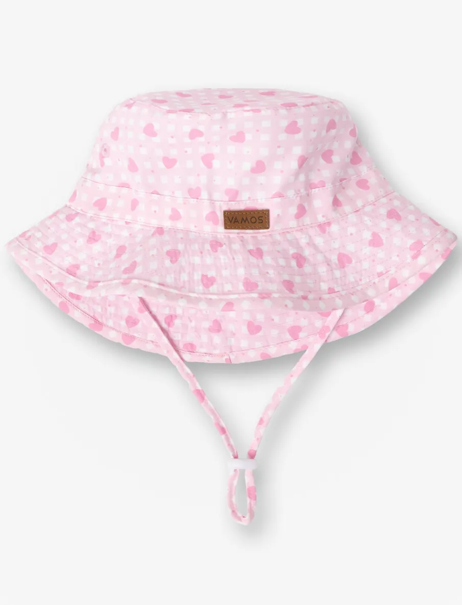 Heart Print Sun Hat with Drawstrings