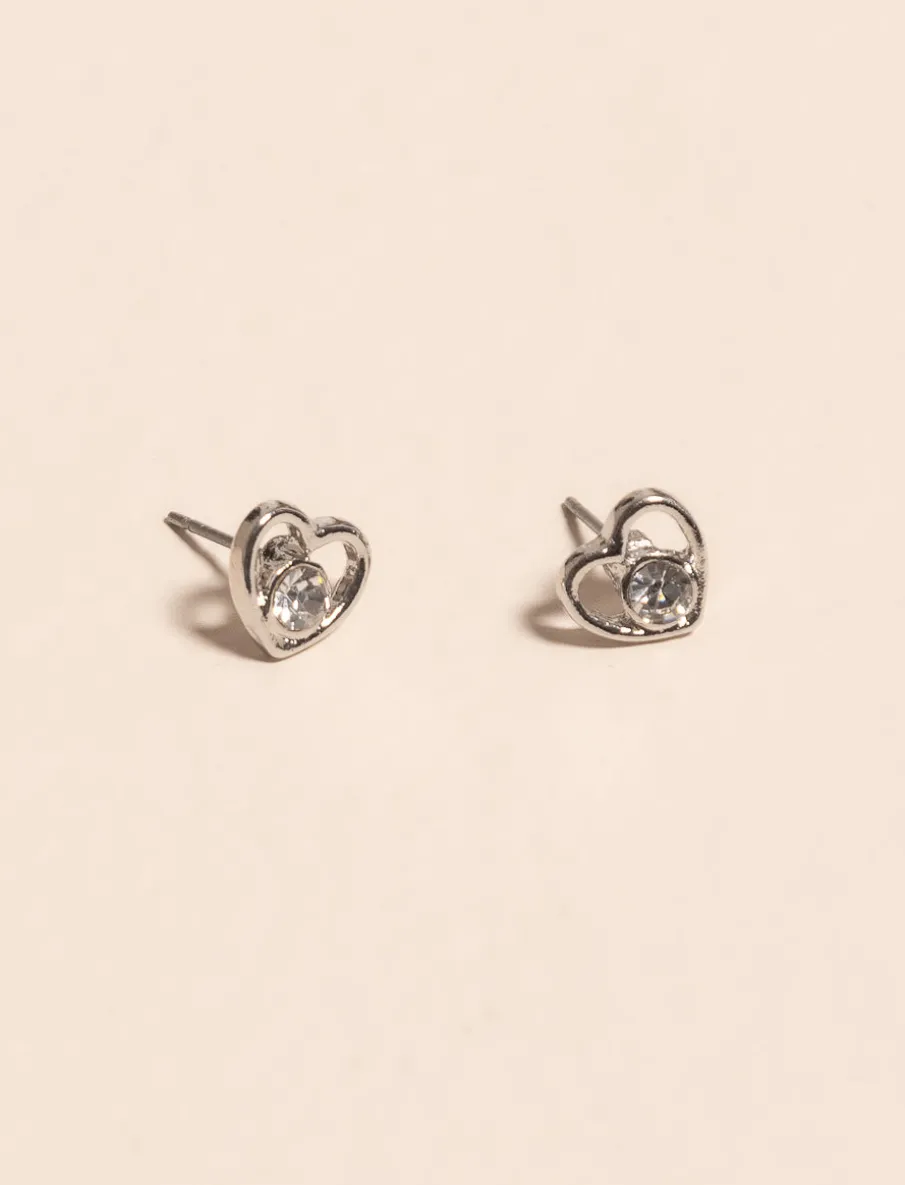 Heart Stud Earrings with Center Stone