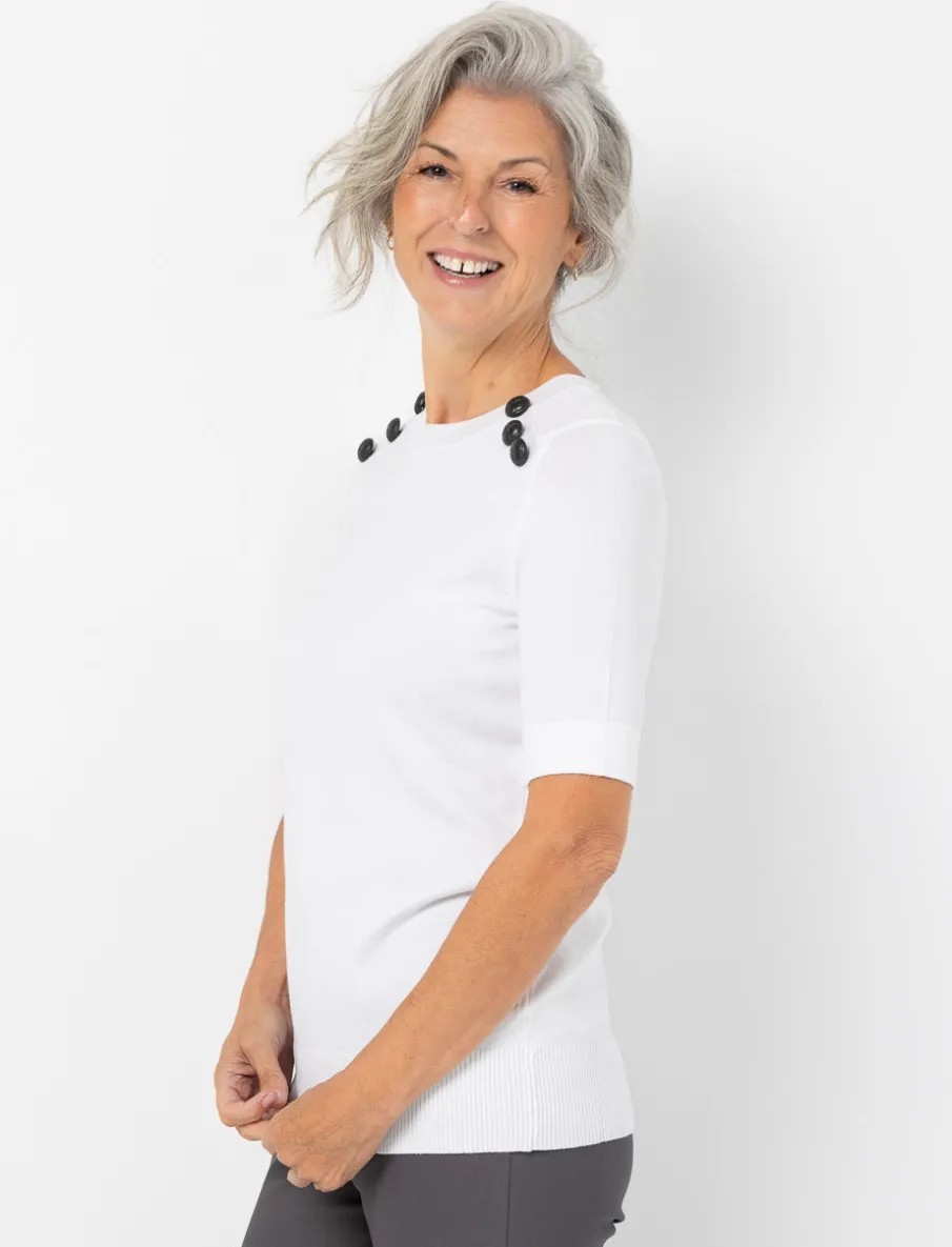 Knit Short-sleeve Sweater with Decorative Buttons