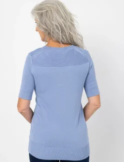 Knit Short-sleeve Sweater with Decorative Buttons