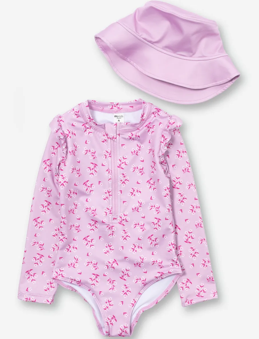One-Piece Swimsuit with Matching Hat - Little Girls