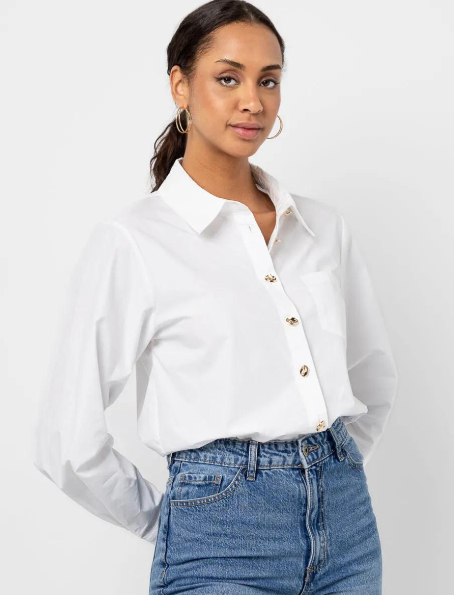 Poplin Shirt with Gold Buttons