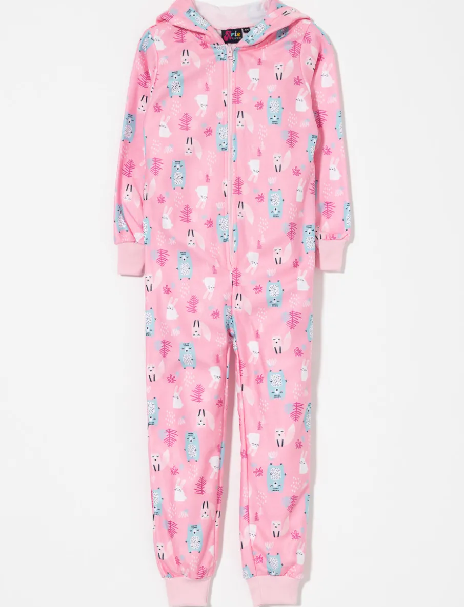 Printed 1-piece Onesie with animal-ear Hood