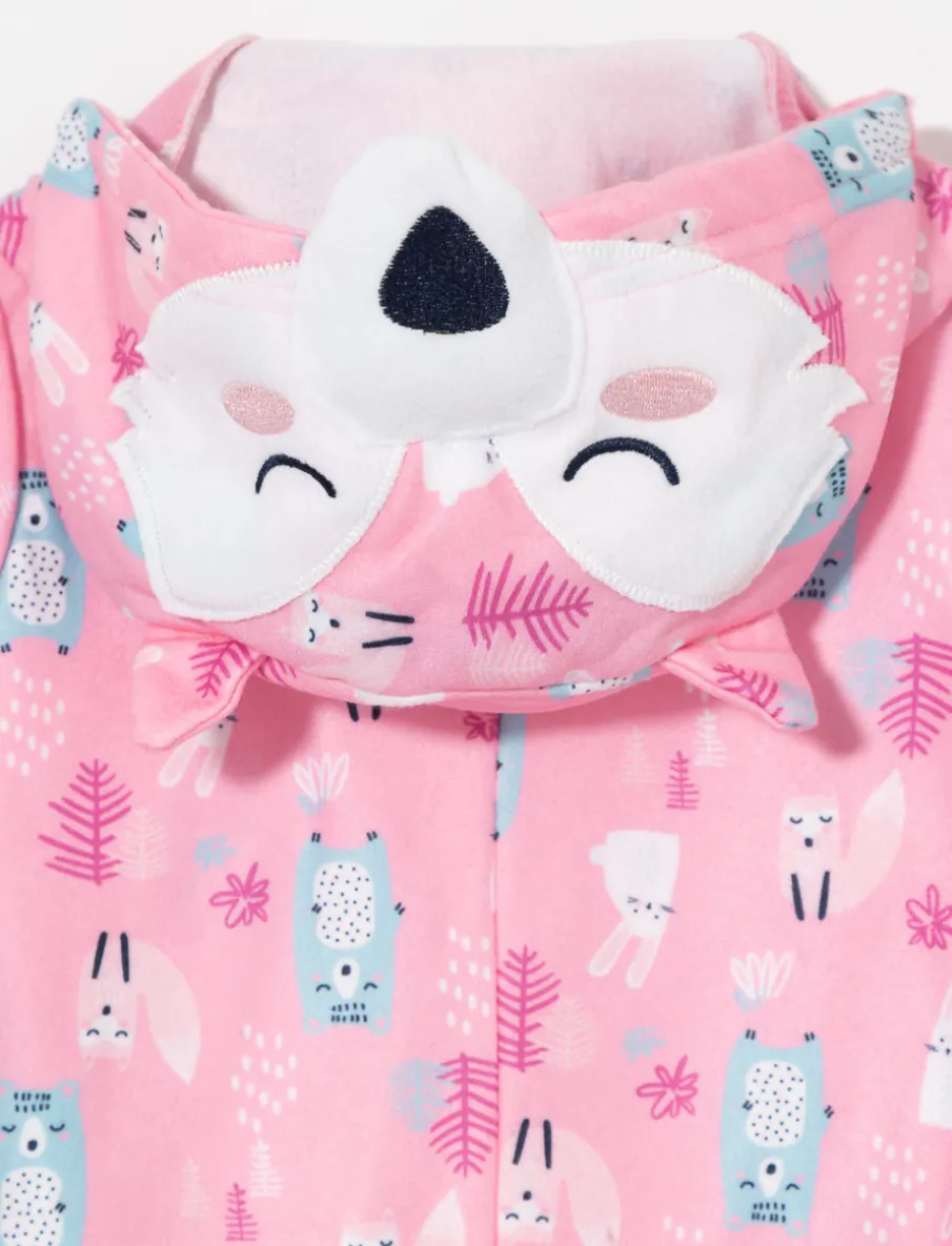 Printed 1-piece Onesie with animal-ear Hood
