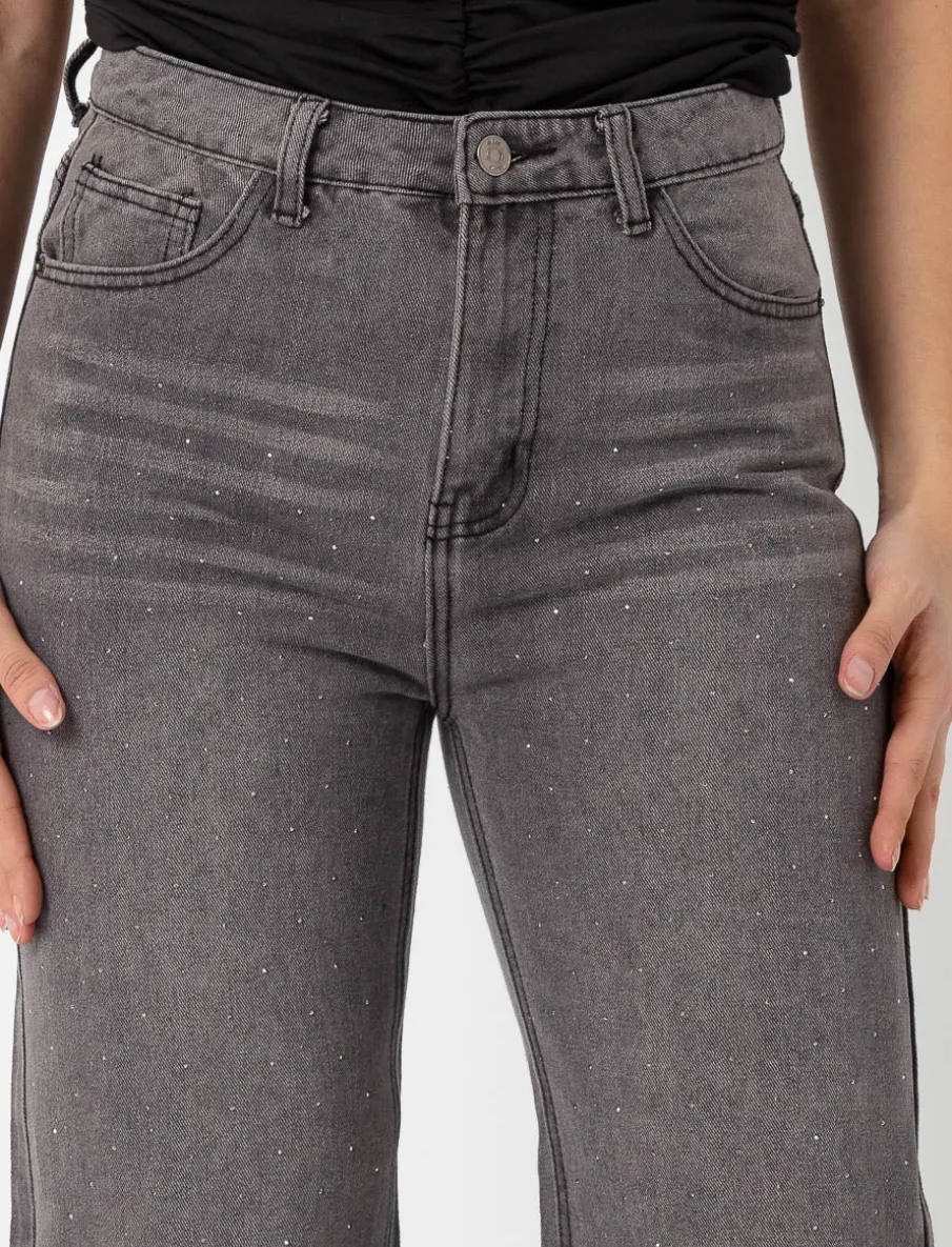 Regular-rise Wide-leg Jeans with Rhinestones
