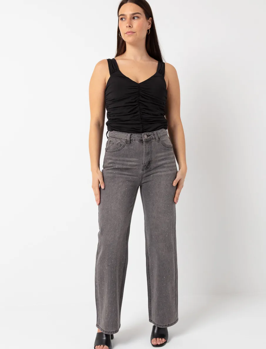 Regular-rise Wide-leg Jeans with Rhinestones