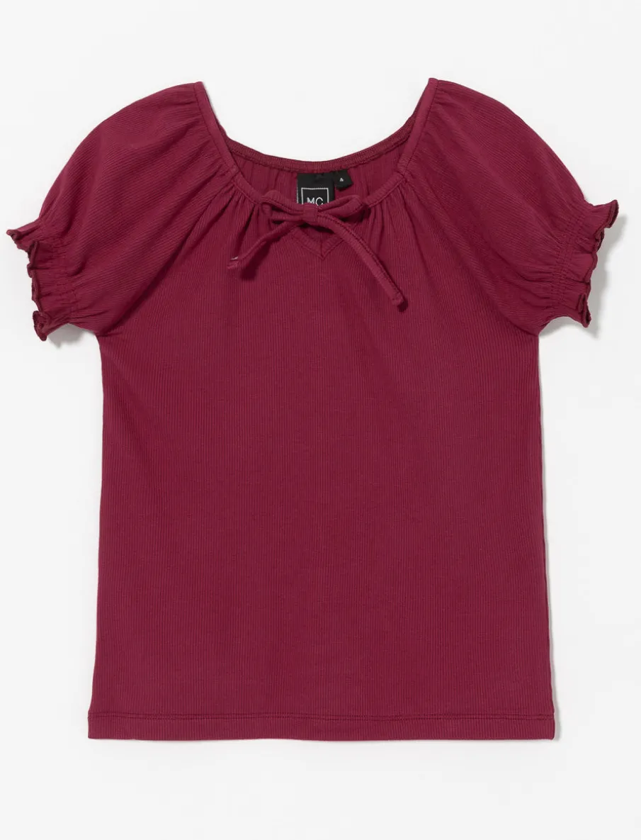 Ribbed Elastic-sleeve Blouse