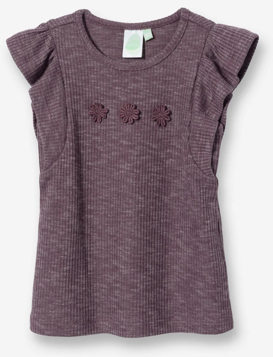Ribbed T-shirt with Embroidered Flowers