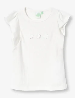 Ribbed T-shirt with Embroidered Flowers