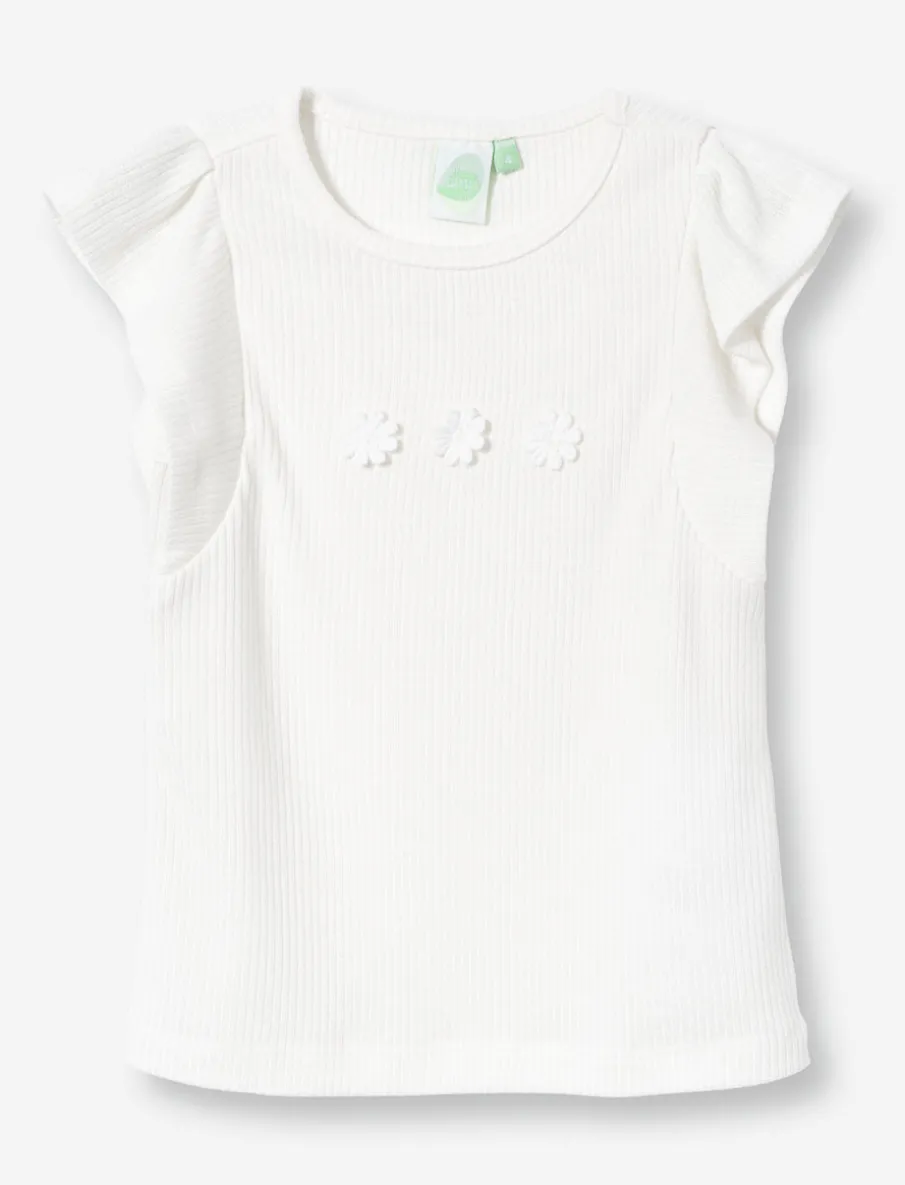 Ribbed T-shirt with Embroidered Flowers