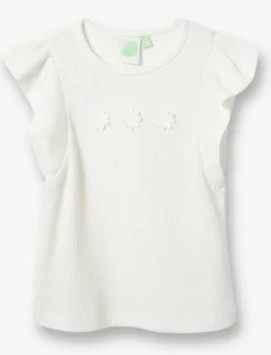 Ribbed T-shirt with Embroidered Flowers