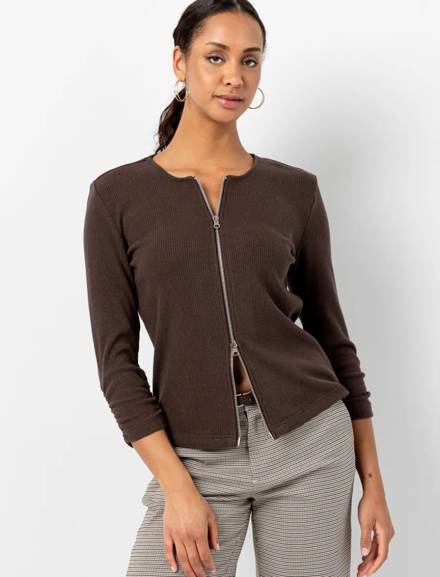 Ribbed Zip-Up 3/4-sleeve Sweater