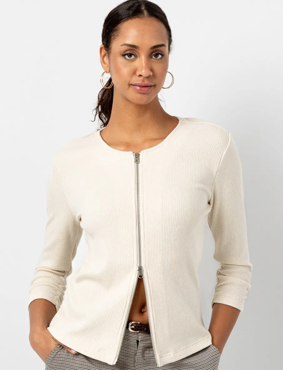 Ribbed Zip-Up 3/4-sleeve Sweater