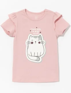 Ruffled Cat Print T-shirt - Little Girl