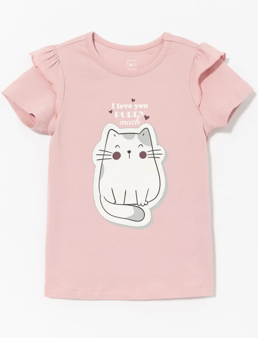 Ruffled Cat Print T-shirt - Little Girl