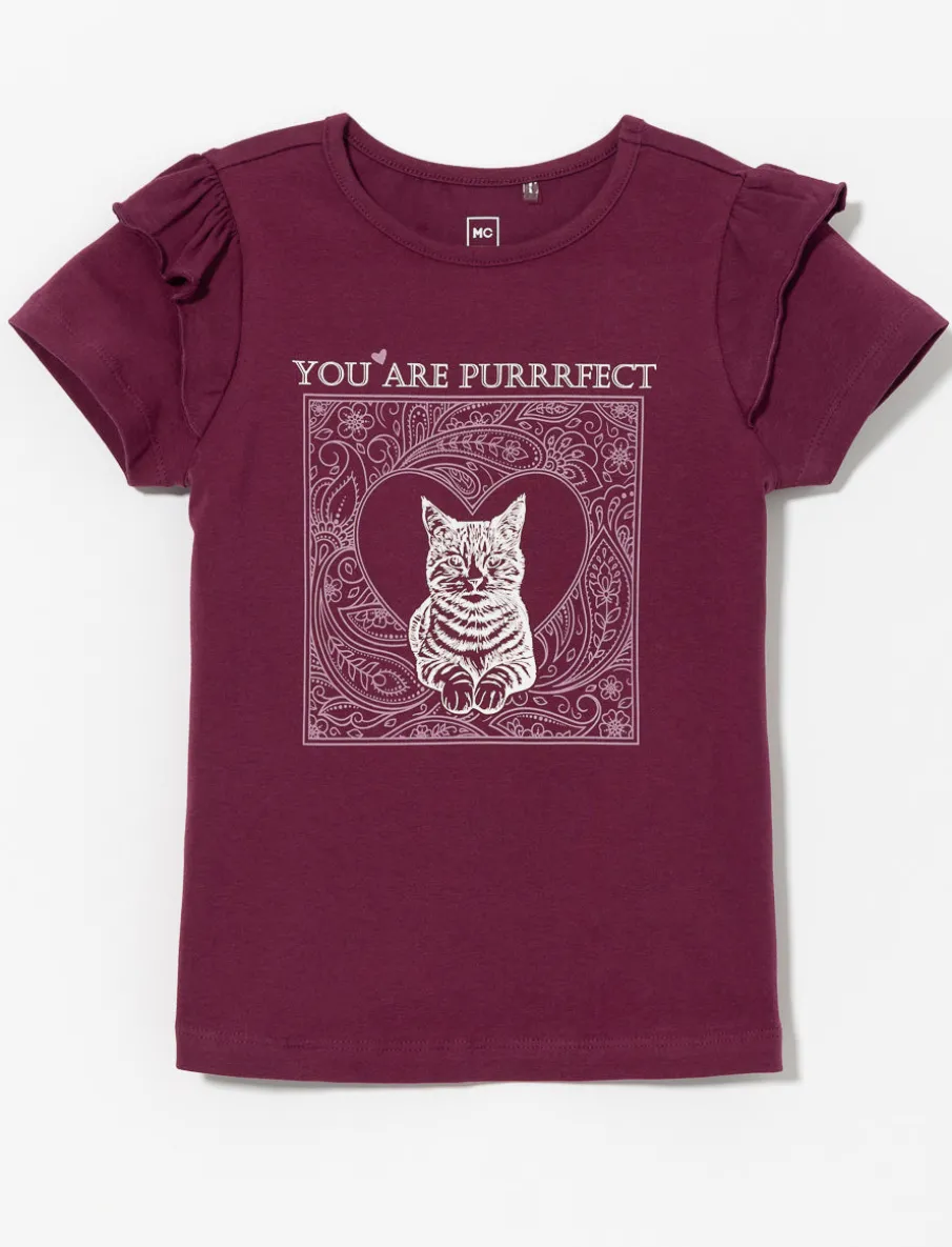 Ruffled Cat Print T-shirt - Little Girl
