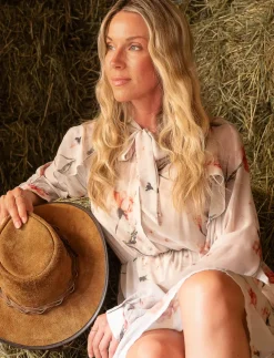 Ruffled Floral Dress with Tie Neck