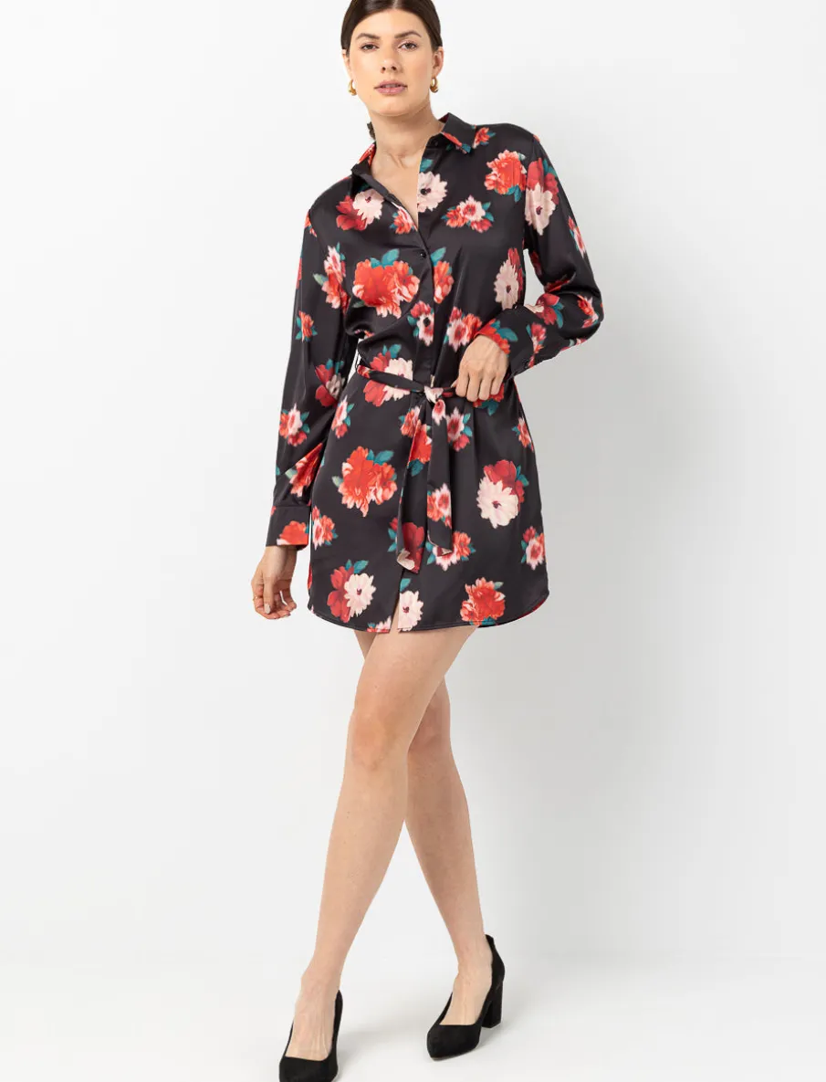 Satin Shirt Dress with Belt