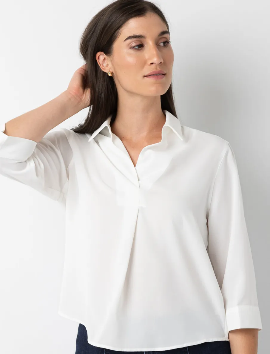3/4-sleeve Blouse with Shirt Collar