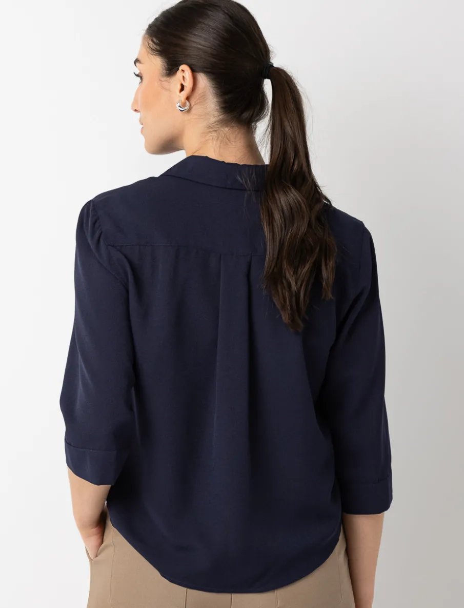 3/4-sleeve Blouse with Shirt Collar