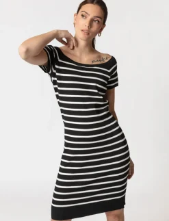 Striped Knit Dress with Boat Neckline