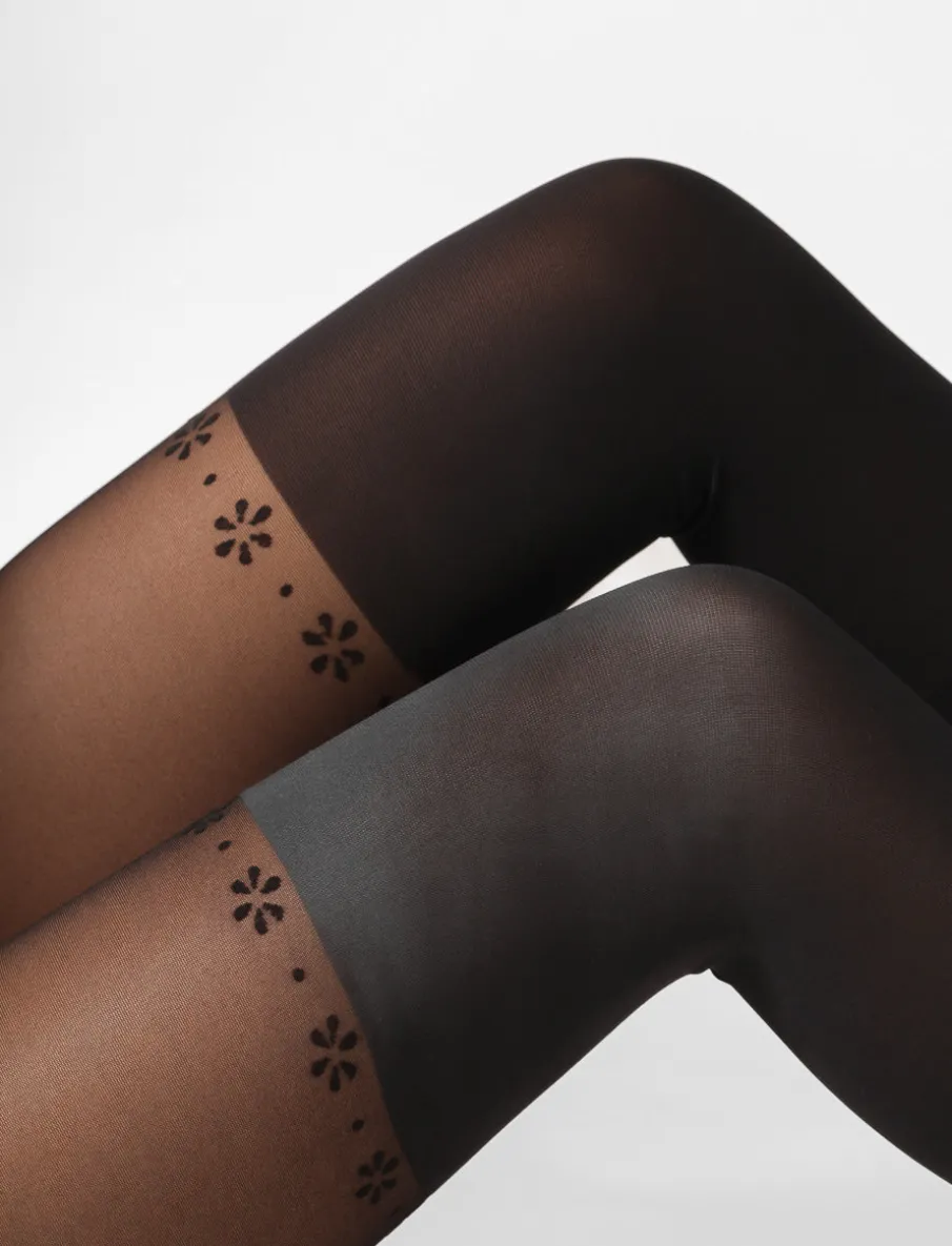 Thigh-high Effect Tights with Floral Cutout