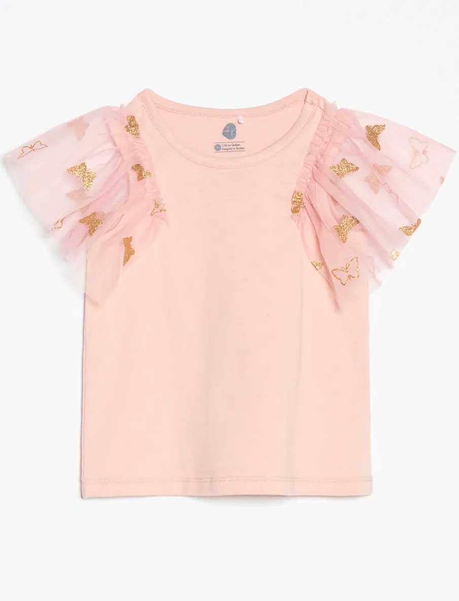 Tulle-sleeve T-shirt