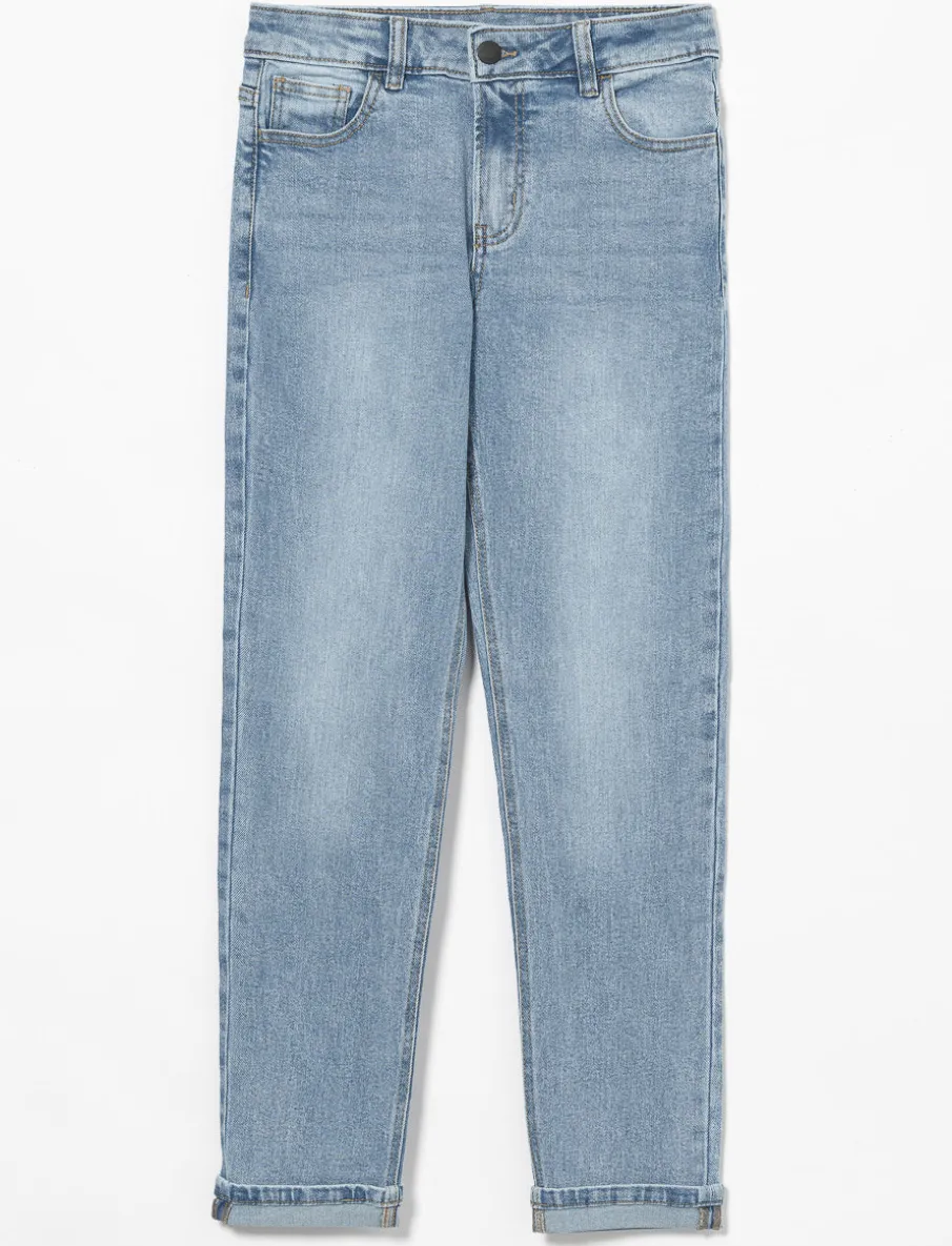 Washed Straight Jeans with Cuffed Hems