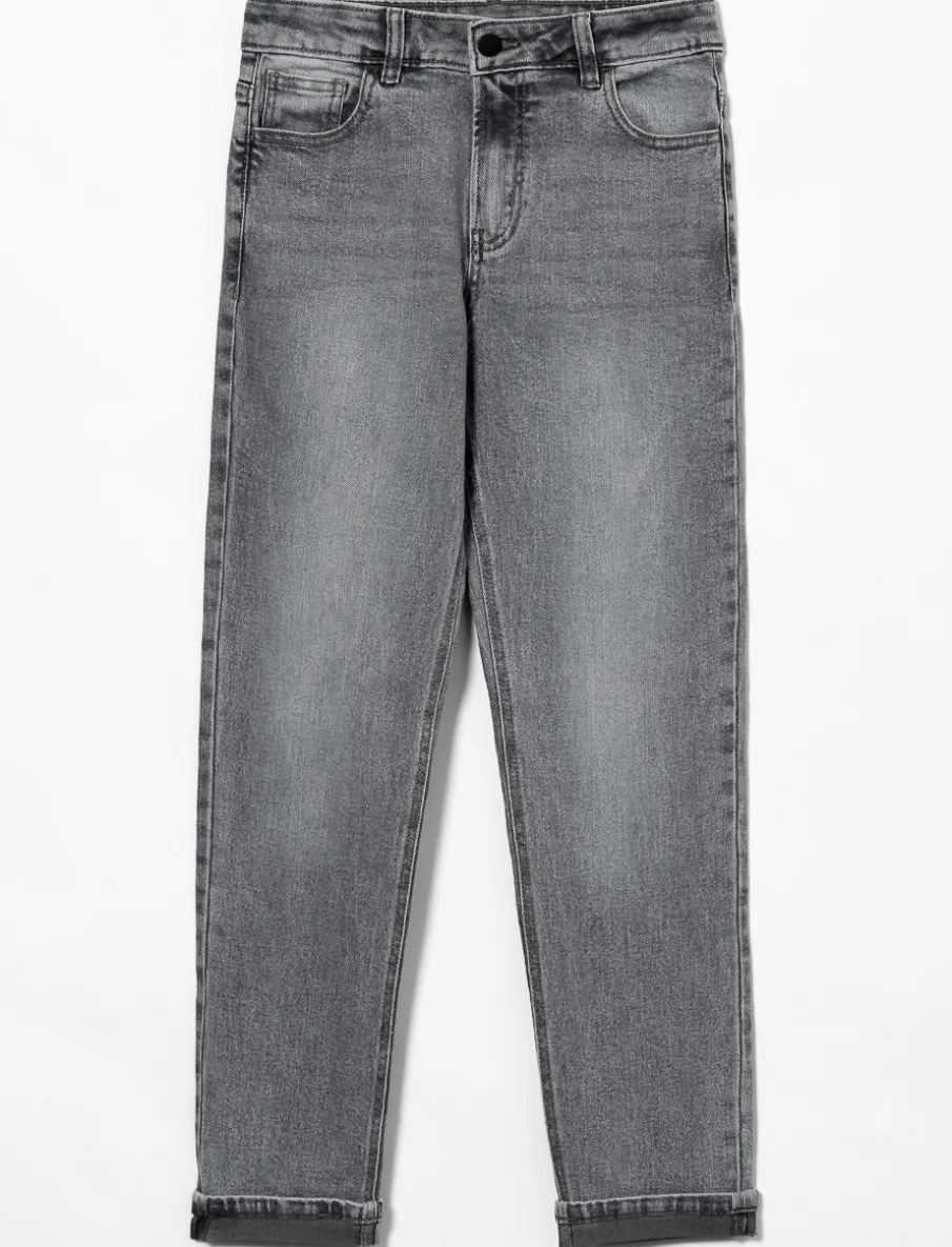 Washed Straight Jeans with Cuffed Hems
