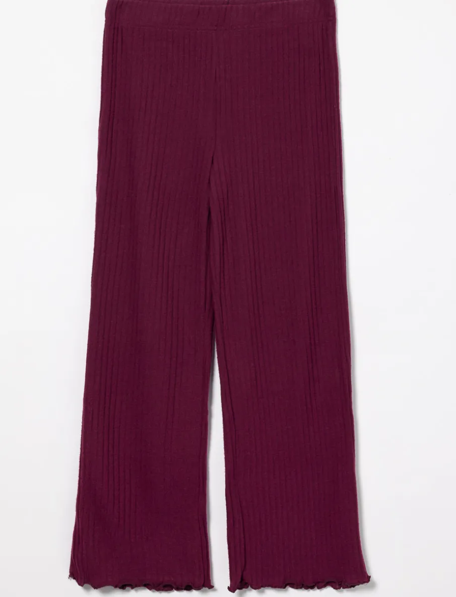 Wide-leg Ribbed Pants with Lettuce-edge Finish